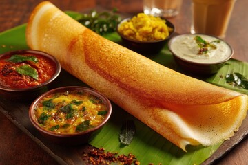 Traditional South Indian masala dosa in golden brown served with three accompaniments