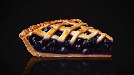 A single slice of blueberry pie, showcasing a golden-brown lattice crust and a rich, dark purple blueberry filling, is presented against a stark black background with a subtle reflection
