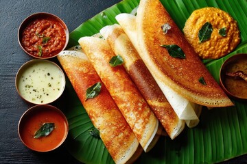 Traditional South Indian breakfast platter featuring homemade dosa masala and ghee roast served with chutney and sambar on a banana leaf