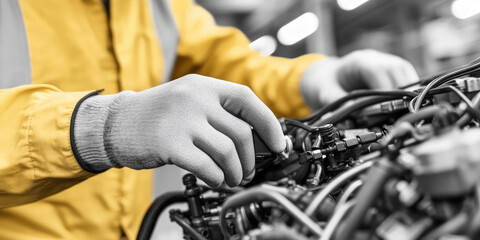 Worker in a yellow jacket fixes engine parts, with a focus on hands. Repair and maintenance in an industrial setting