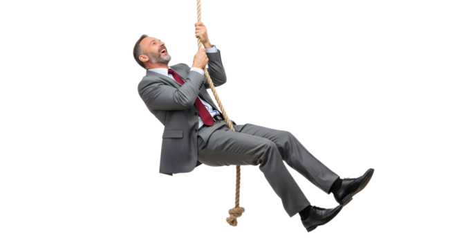 Businessman Climbing Rope with Enthusiasm