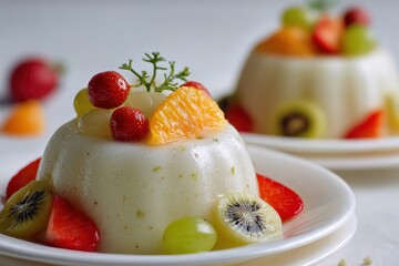 Two cups of lychee silk pudding topped with kiwi grape orange and strawberry It has a soft texture and a fresh flavor making it a healthy choice