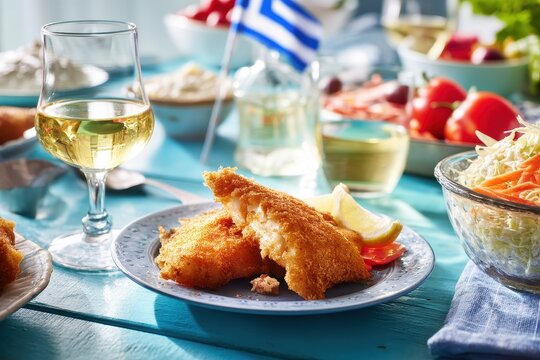 Turquoise table set with Greek flag breaded cod garlic dip skordalia white wine and cabbage carrot salad