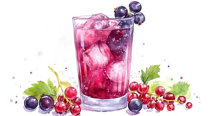 A glass with a blackcurrant drink and a set of fresh ripe berries. Hand drawn watercolor illustration isolated on white background. 