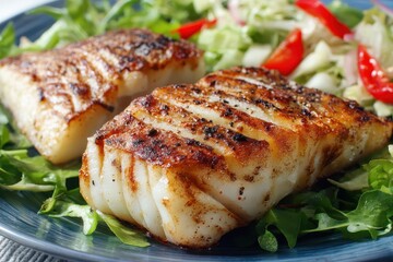 Two tasty fillets of marinated grilled or baked pollock or coalfish accompanied by a fresh salad highlighting the texture