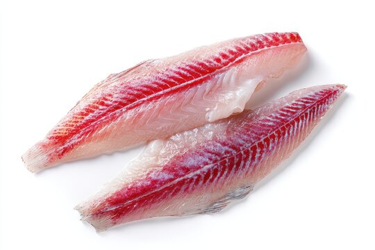 Two uncooked haddock fillets on a kitchen counter set against a white backdrop