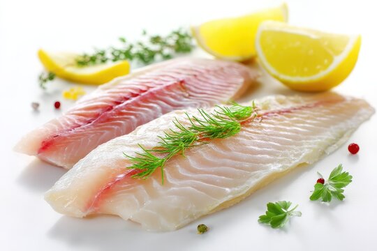 Two uncooked haddock fillets on a kitchen table against a white backdrop