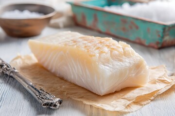 Uncooked Norwegian cod fillet on countertop set against a white backdrop