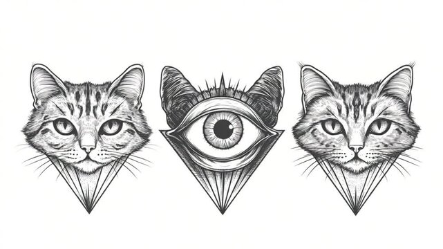 Mystical feline composition: Illustrated cat heads with all-seeing eye in a linear triangular design