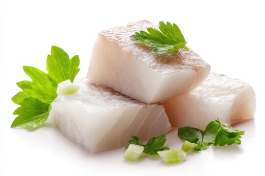 Uncooked hake fillet pieces Set against a white background