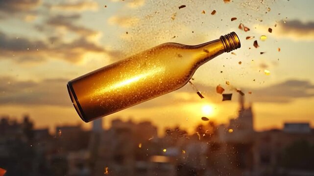 Golden bottle explodes in sunset, showering city with glittering fragments