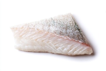 Uncooked white pollock fillet on a white backdrop viewed from above