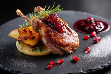 Unique dining experience Duck confit with baked pear and cranberry sauce on a dark plate against a black table with space for text