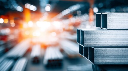 Stacked steel beams in close-up view representing trade barriers and economic protectionism, industrial strength and construction material concepts.
