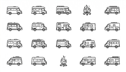 A collection of sixteen line-art campervan illustrations, varying in size and features, plus two campfire icons