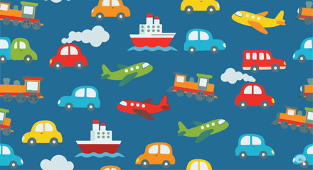This image features a pattern of colorful transportation vehicles on a solid blue background.
