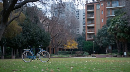 Fototapeta premium Blue vintage bicycle in a serene park setting with urban backdrop at dusk