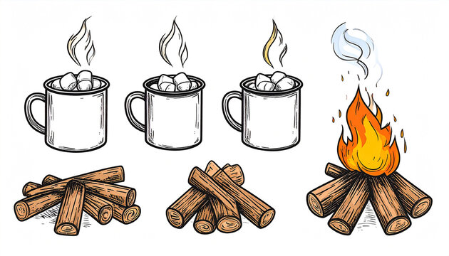 Hand-drawn illustration of hot chocolate with marshmallows in enamel mugs, progressing from unmelted to melted, beside a campfire's stages from logs to flames