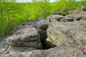 Huge rocks structures geological site in the place of ancient prehistoric ocean trench, nestled...