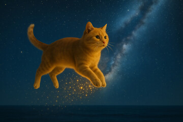 Realistic photo of a cat scattering stardust in the night sky over the ocean, positioned to the left, Generative AI