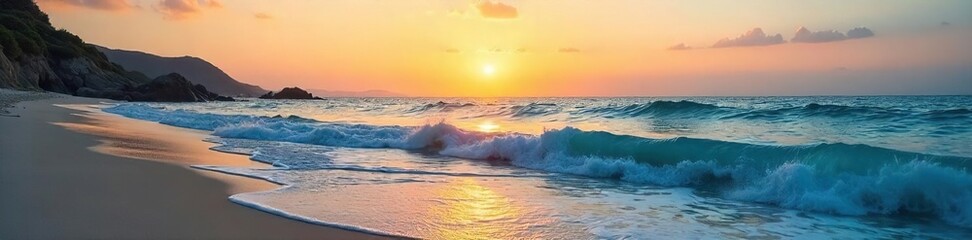 Fototapeta premium Serene coastal scene at sunset, featuring a tranquil ocean with soft waves lapping the shore and a clear sky Perfect for travel, vacation, and relaxation themes , evening, paradise