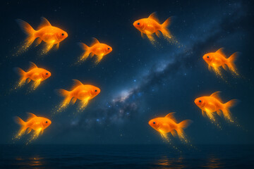 Glowing goldfish scattering stardust in a dreamy night sky over the ocean, Generative AI