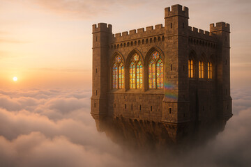 Floating Medieval Stone Library Above the Clouds at Sunrise, Generative AI