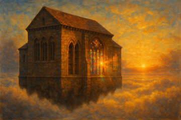 Fantasy Painting of a Floating Medieval Library at Sunrise Above the Clouds, Generative AI