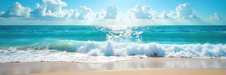 Obraz premium Ocean waves crashing on a sandy shore under a vibrant summer sky Perfect for travel, vacation, or summer themed projects The blue water sparkles in the sunlight , sun, horizon, sea