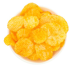 Tasty ridged chips in bowl isolated on white, top view