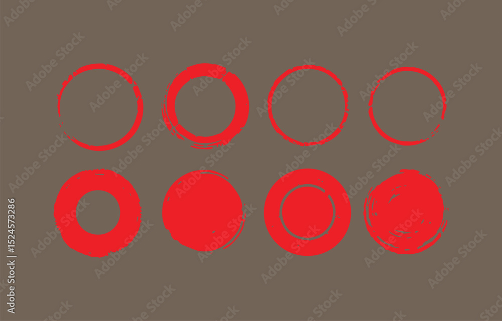 Poster set of nine red circular brush strokes on a gray background red circles with textured brushstrokes m