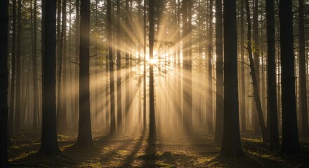 Obraz premium Sun Rays Shining Through Tall Trees in Forest