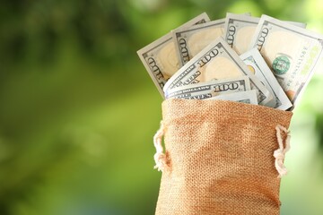 Money bag with dollar banknotes on blurred green background, closeup. Space for text
