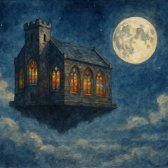 Watercolor Fantasy of a Floating Medieval Library and Full Moon at Night, Generative AI
