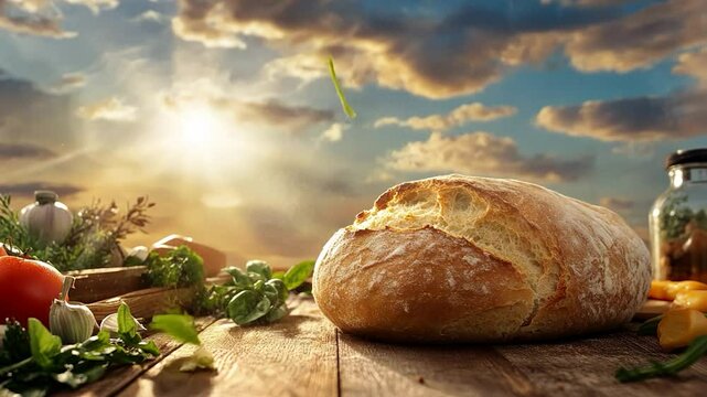 Rustic loaf of bread sits on wooden table with fresh herbs and vegetables, set against a vibrant sunset sky