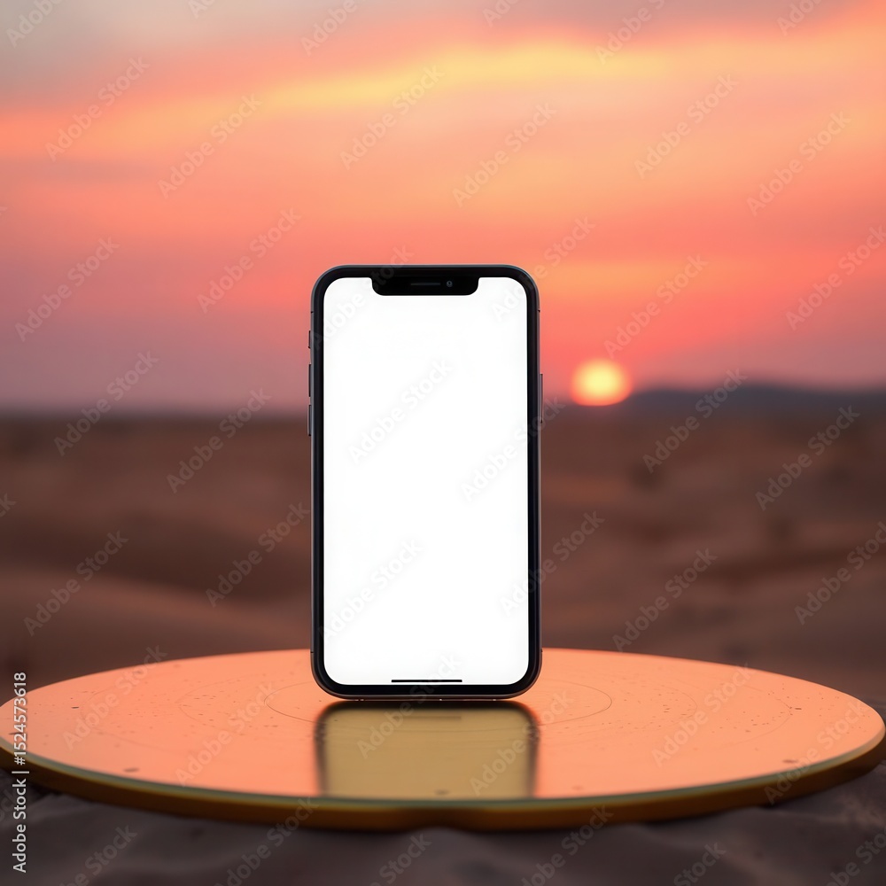 Poster smartphone display against a sunset, representing technology and nature integration in mobile device