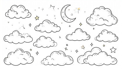 Hand-drawn collection of fluffy clouds, crescent moon, and twinkling stars, ideal for children's illustrations or design elements, exhibiting a simple, charming style