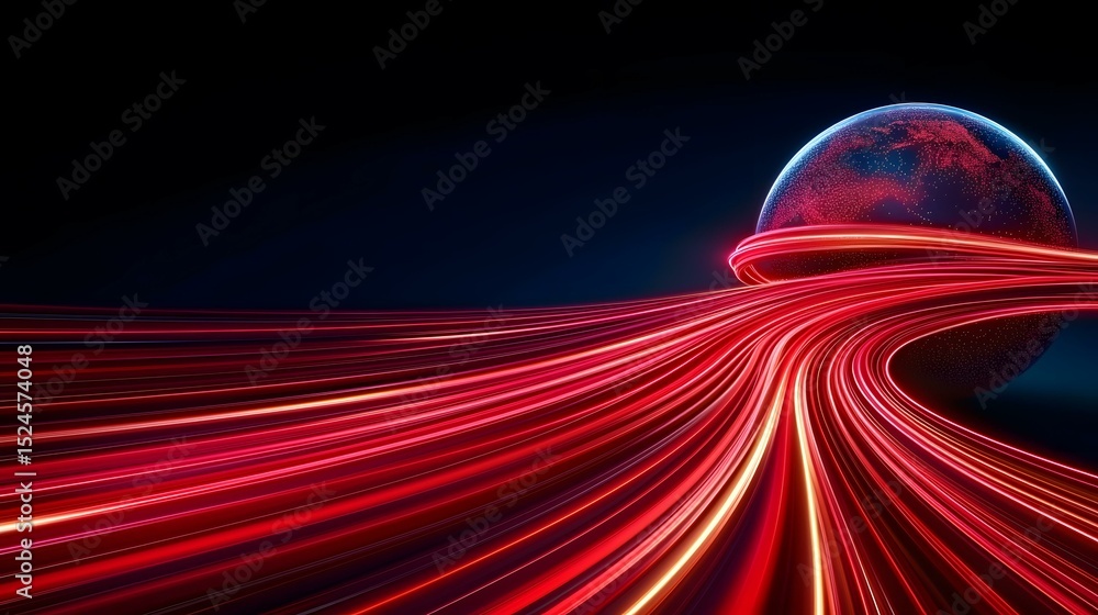 Poster the image contains a stylized depiction of a globe with streaks of red light curving around it, sugg