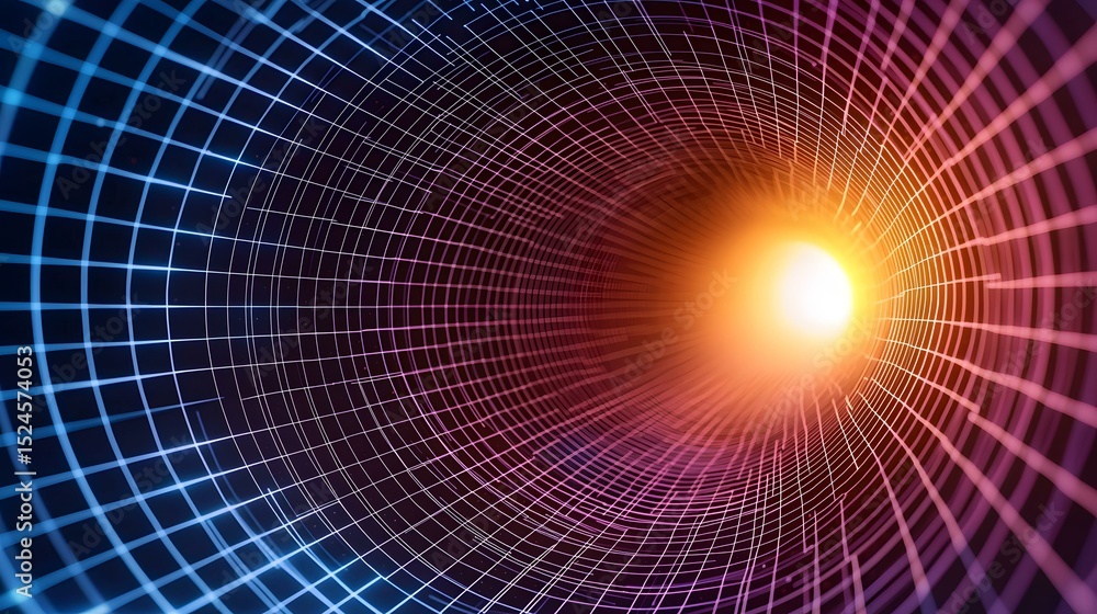 Aufkleber the image shows a brightly lit tunnel made of a grid-like structure with glowing lines in blue and p