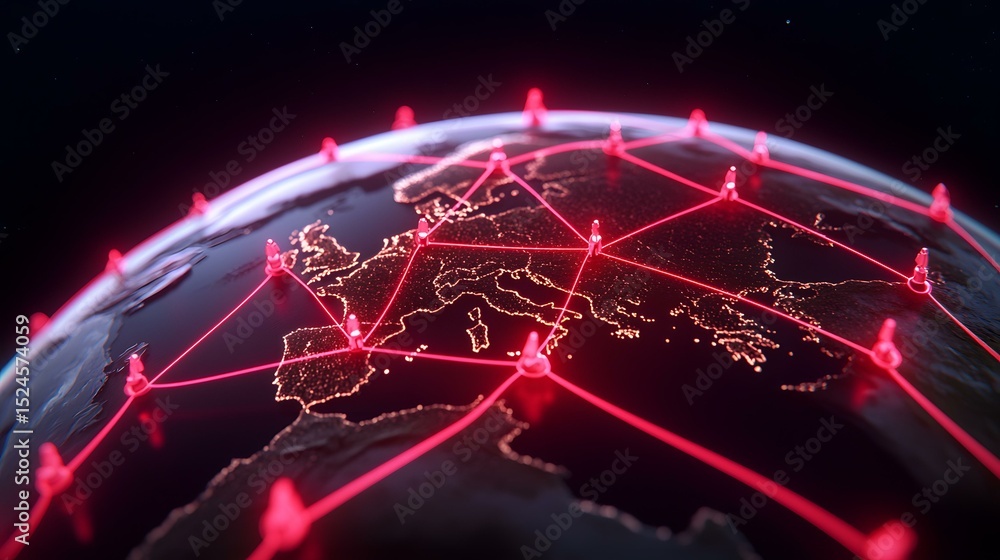 Poster the image shows a stylized earth with glowing red lines connecting points across europe, representin