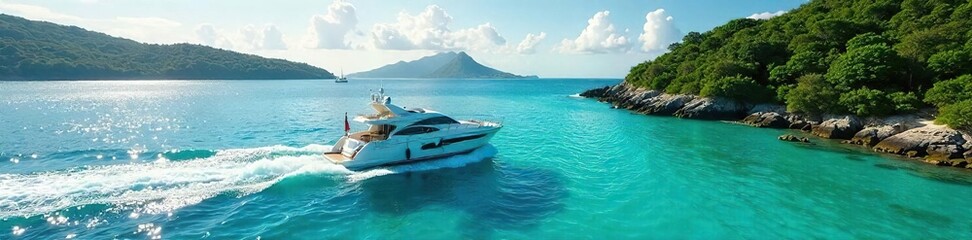 Fototapeta premium A sun-drenched yacht glides across turquoise waters, surrounded by lush islands Perfect for travel, luxury, vacation, and summer escapism imagery Pure relaxation and opulence , sunshine, sky, travel