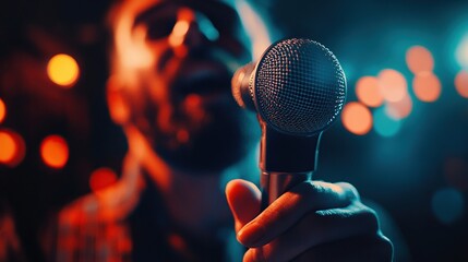 A bearded man passionately sings into a microphone, his face slightly out of focus, bathed in warm and cool stage lighting, with bokeh effects highlighting a vibrant performance