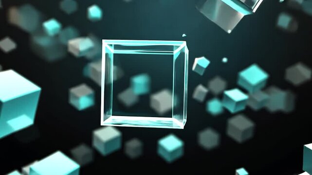 Teal glass cubes float in dark space, smaller cubes scattered around them