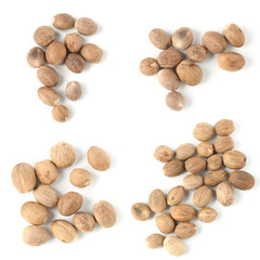 Nutmeg seeds on white background, set. Top view
