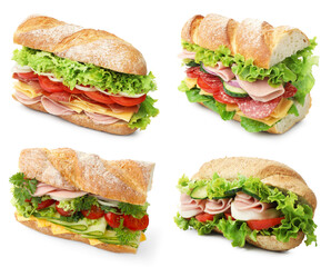 Delicious baguette sandwiches with different fillings isolated on white, collage