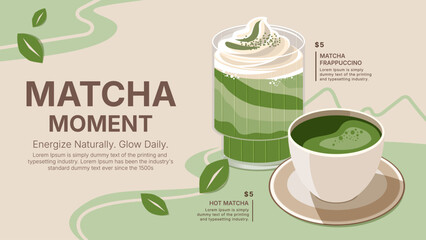vector illustration of matcha frappe and hot matcha, cafe shop, background and banner template design, food and drink concept, poster and promotion