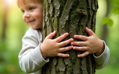 Nature lover, close up of child hands hugging tree with copy space. High quality