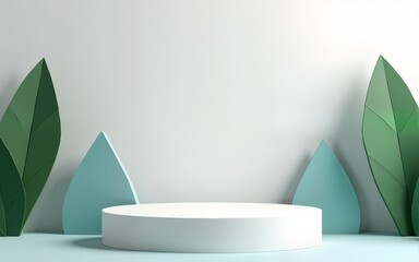 Product banner, podium platform with geometric shapes and nature background, paper illustration, and 3d paper. High quality