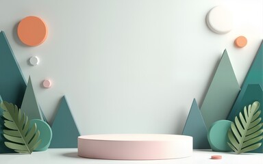 Product banner, podium platform with geometric shapes and nature background, paper illustration, and 3d paper. High quality