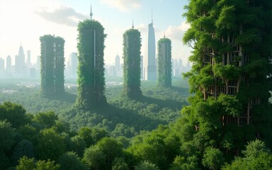 Splendid environmental awareness city with vertical forest concept of metropolis covered with green plants. Civil architecture and natural biological life combination. Digital art generative AI.